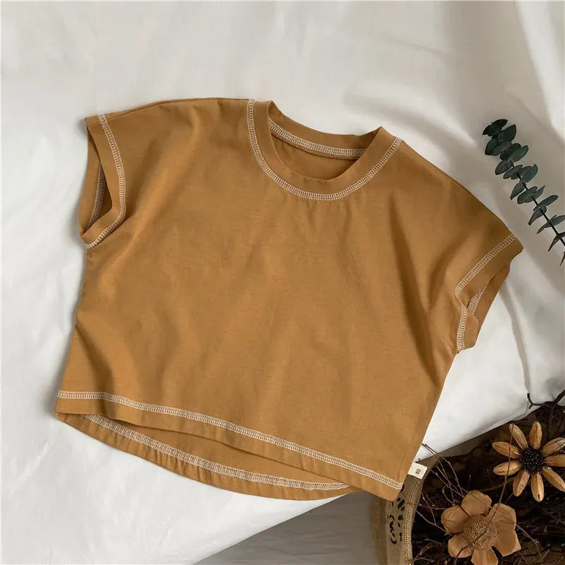 半袖Tシャツ brown yellow / 12M  80cm キッズトップス ルーズ 半袖Tシャツ ステッチアクセント 3カラー