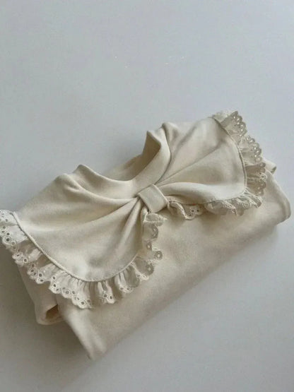 長袖Tシャツ Coffee / 6M 66cm ベビートップス リボン襟 長袖ブラウス Tシャツ 無地レース/フラワー花柄プリント 2カラー【mh0006486】