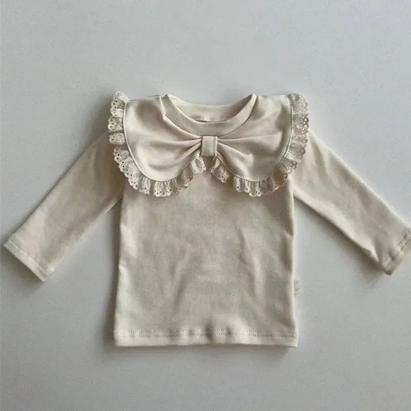 長袖Tシャツ Coffee / 6M 66cm ベビートップス リボン襟 長袖ブラウス Tシャツ 無地レース/フラワー花柄プリント 2カラー【mh0006486】