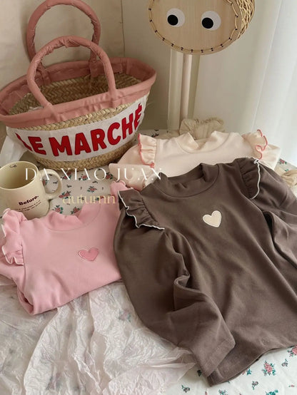 長袖Tシャツ Coffee / 90cm 1-2y キッズトップス ハート刺繍ショルダーフリル長袖Tシャツ 3カラー【mh0007540】
