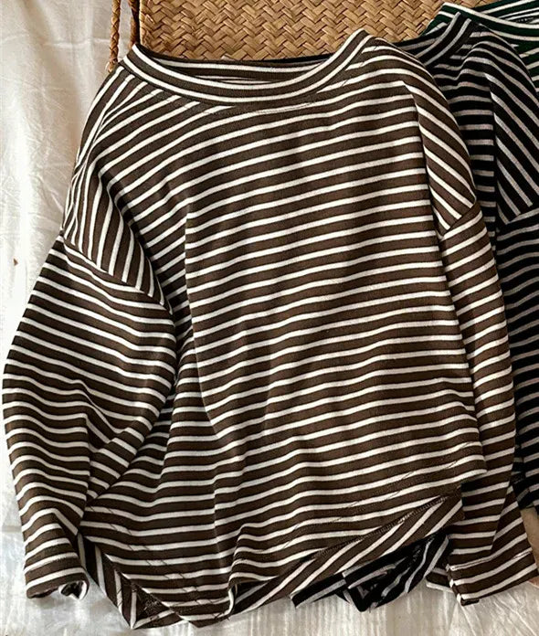 長袖Tシャツ Coffee stripes / 80cm キッズトップス 裾変形 アシメデザイン ボーダー柄長袖Tシャツ 3カラー
