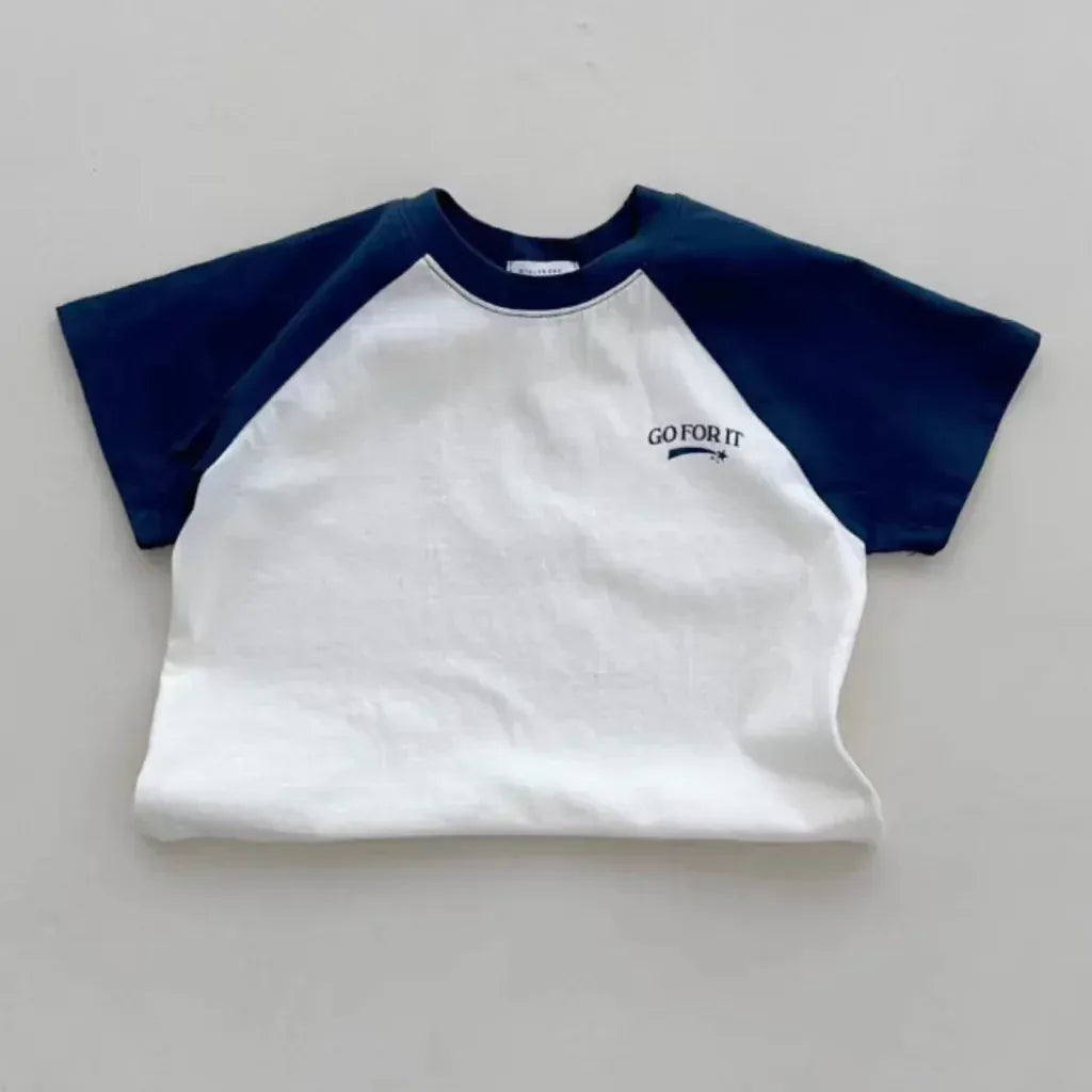 半袖Tシャツ Dark Blue / 9M  73CM ベビートップス 半袖パッチワークTシャツ ラグラン レターロゴプリント 2カラー【mh0005470】