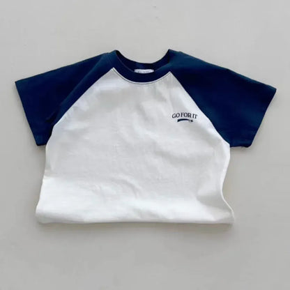 半袖Tシャツ Dark Blue / 9M  73CM ベビートップス 半袖パッチワークTシャツ ラグラン レターロゴプリント 2カラー【mh0005470】