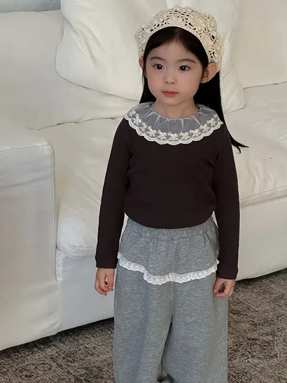 長袖Tシャツ Dark Gray / 2T (90) キッズトップス レース襟リブ長袖Tシャツカットソー 4カラー【mh0006854】