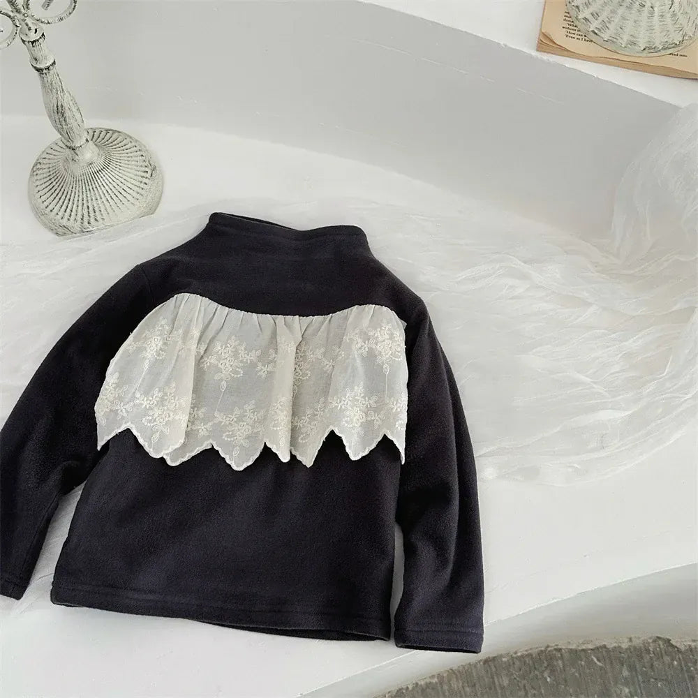 長袖Tシャツ Dark Gray / 73cm 9M ベビートップス レースフリルフリースハイネック長袖Tシャツ【mh0007773】