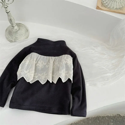 長袖Tシャツ Dark Gray / 73cm 9M ベビートップス レースフリルフリースハイネック長袖Tシャツ【mh0007773】