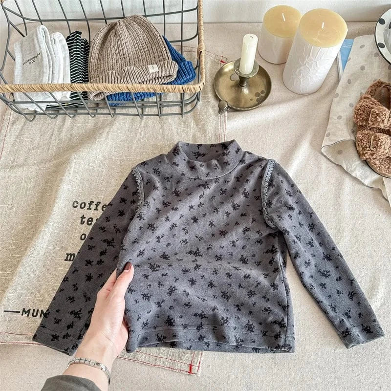 長袖Tシャツ dark grey / 80cm キッズ長袖Tシャツ ハイネックカットソー フラワー 小花柄プリント 2カラー ガールズ 女の子 子供服