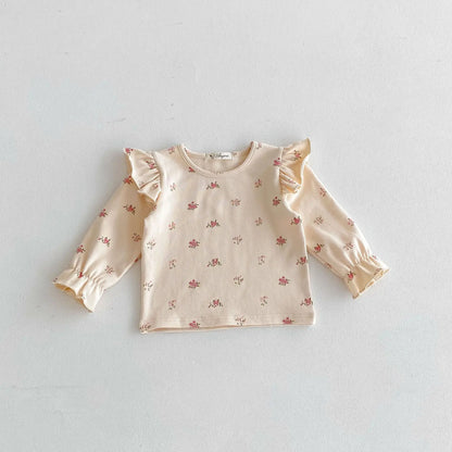 長袖Tシャツ flower / 12M  80CM キッズトップス 長袖ショルダーフリルTシャツ ハート/フラワー小花柄/水玉ドットプリント