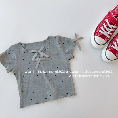 半袖Tシャツ GRAY / 2T (90) キッズトップス 水玉ドットプリントリボン半袖カットソーTシャツ【mh0008889】