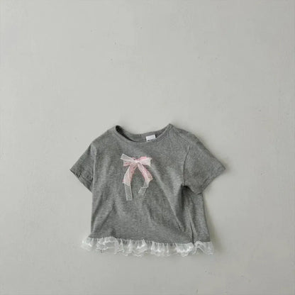 半袖Tシャツ Gray / 73cm 6-9M ベビーキッズトップス 裾レースフリル半袖Tシャツ リボンプリント 2カラー【mh0005349】