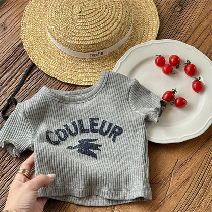 半袖Tシャツ gray / 80cm キッズトップス 半袖リブTシャツ レターロゴプリント 3カラー