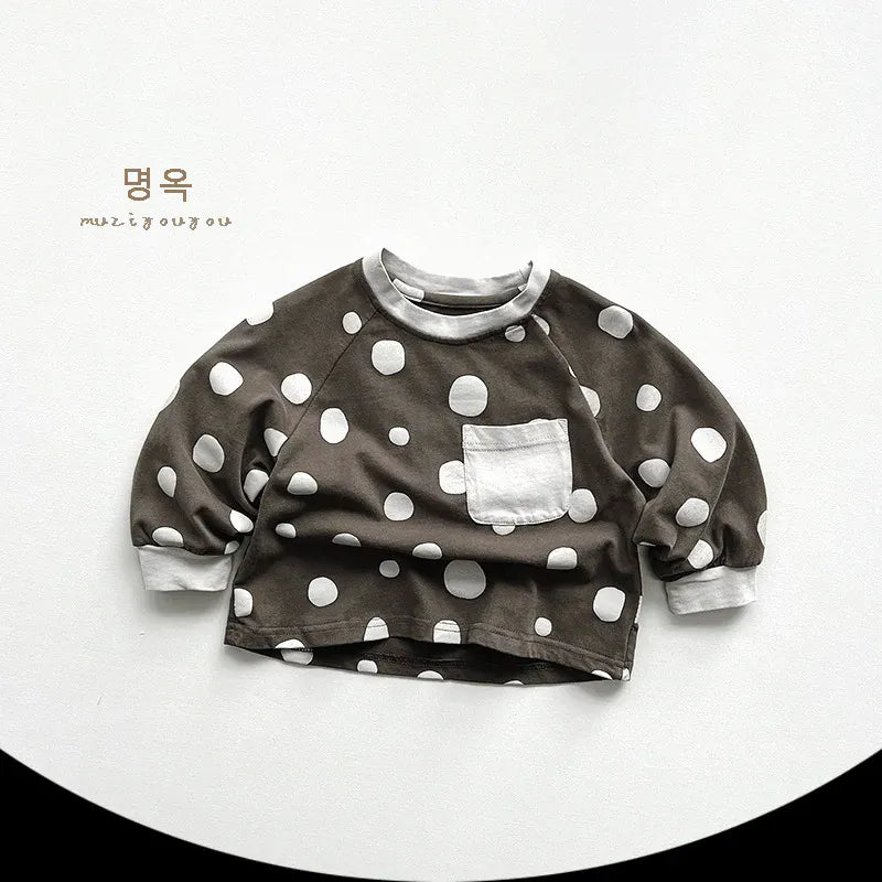 長袖Tシャツ gray coffee / 12M  80cm / 取り寄せ（7〜21日） キッズトップス 長袖Tシャツ 水玉ポルカドットプリント ポケット 2カラー