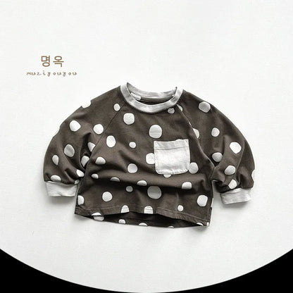 長袖Tシャツ gray coffee / 12M  80cm / 取り寄せ（7〜21日） キッズトップス 長袖Tシャツ 水玉ポルカドットプリント ポケット 2カラー