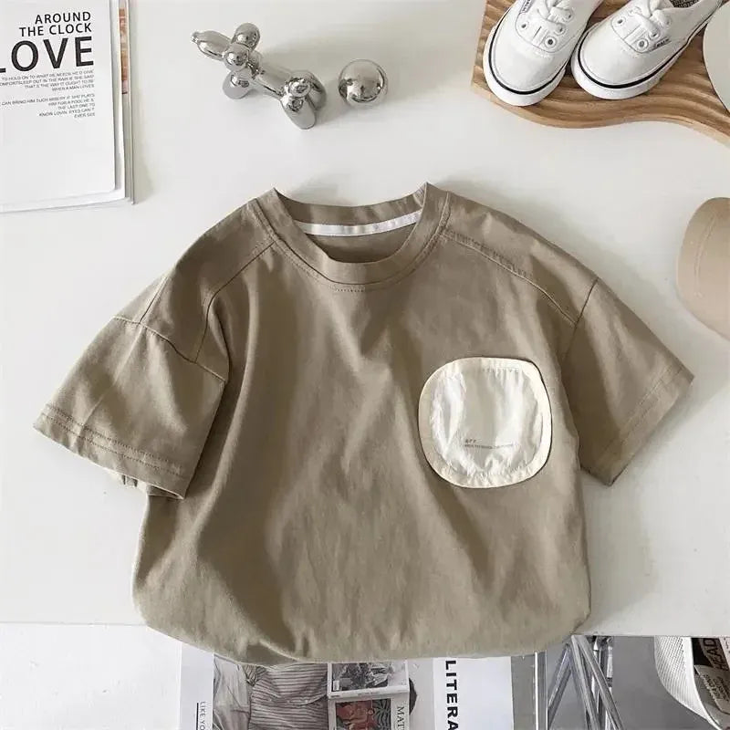 半袖Tシャツ gray green / 12M  80cm / 取り寄せ（3〜14日） ☺︎ キッズトップス 半袖Tシャツ パッチアップリケ 3カラー
