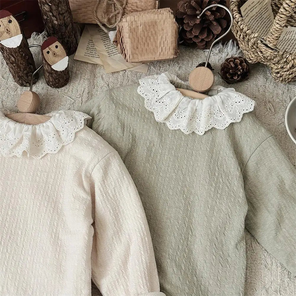 長袖Tシャツ Gray Green / 73cm 9M ベビートップス レースラッフル襟裏フリース長袖Tシャツ【mh0008492】