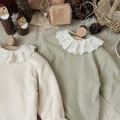 長袖Tシャツ Gray Green / 73cm 9M ベビートップス レースラッフル襟裏フリース長袖Tシャツ【mh0008492】