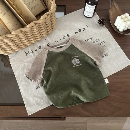 半袖Tシャツ Green / 12M  80CM ベビーキッズトップス 半袖Tシャツ ラグラン パッチワーク レトロ 3カラー【mh0006213】