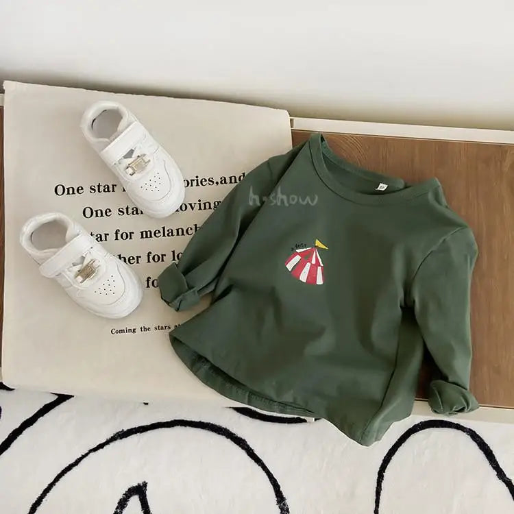 長袖Tシャツ Green / 12M  80CM キッズトップス 長袖Tシャツ サーカス 車 飛行機 家 プリント 4カラー【mh0004624】