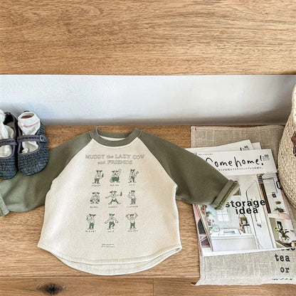 長袖Tシャツ green / 80cm キッズ 長袖Tシャツ 裏起毛 プリント ラグランスリーブ パッチワーク グレー グリーン 2カラー ボーイズ 男の子 子供服