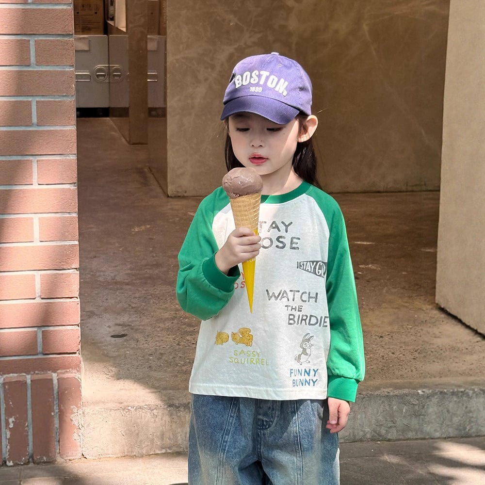 長袖Tシャツ Green / 90cm プリント長袖ラグランパッチワークTシャツ【mh0010581】