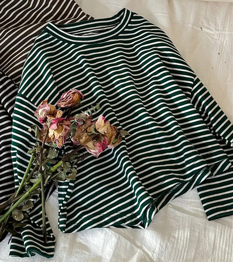 長袖Tシャツ green stripe / 80cm キッズトップス 裾変形 アシメデザイン ボーダー柄長袖Tシャツ 3カラー