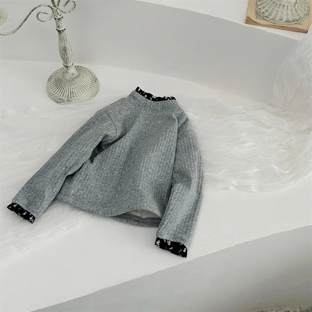 長袖Tシャツ Grey / 73cm ベビートップス フラワープリントアクセント裏フリースハイネック長袖Tシャツ【mh0007723】