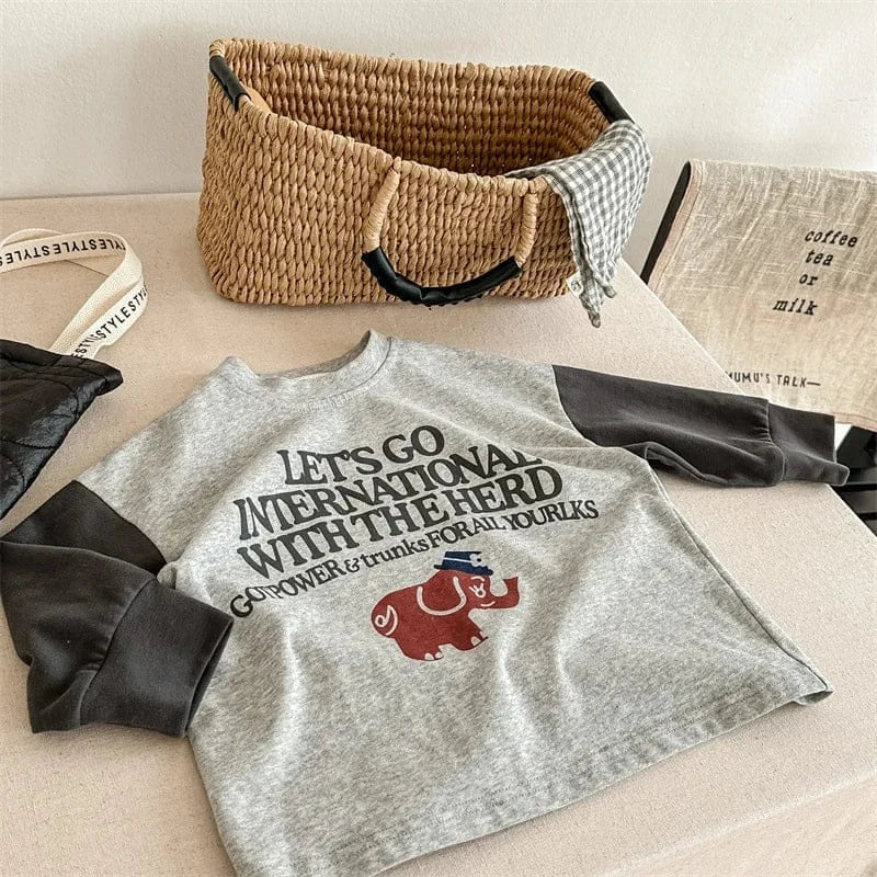 長袖Tシャツ grey / 80cm キッズトップス 長袖Tシャツ パッチワーク 象エレファントプリント ベージュ/グレー/2カラー