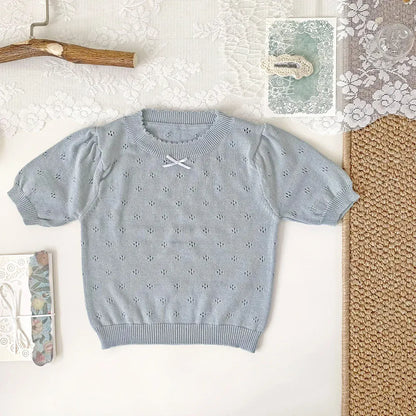 半袖Tシャツ Grey blue / 73cm ベビーキッズトップス レースニット 半袖パフスリーブ サマーセーター リボン 3カラー