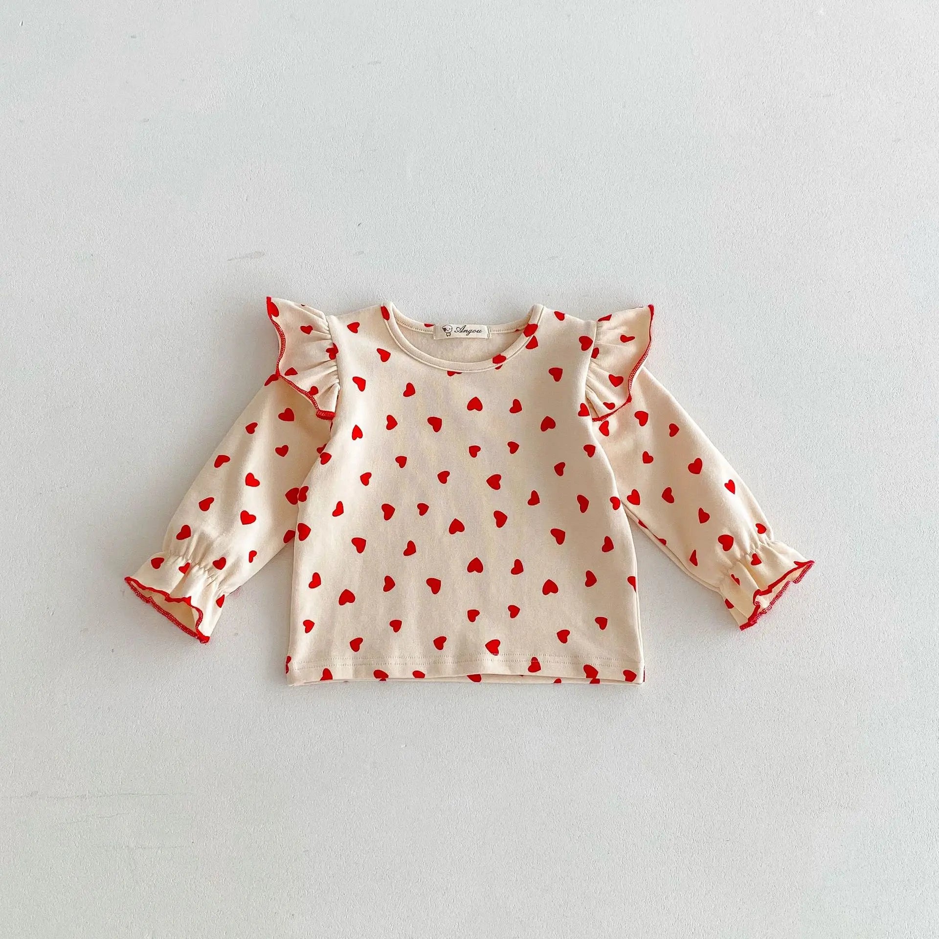 長袖Tシャツ heart / 12M  80CM キッズトップス 長袖ショルダーフリルTシャツ ハート/フラワー小花柄/水玉ドットプリント