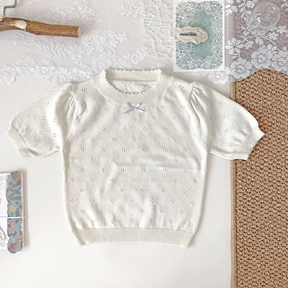 半袖Tシャツ Ivory / 73cm ベビーキッズトップス レースニット 半袖パフスリーブ サマーセーター リボン 3カラー