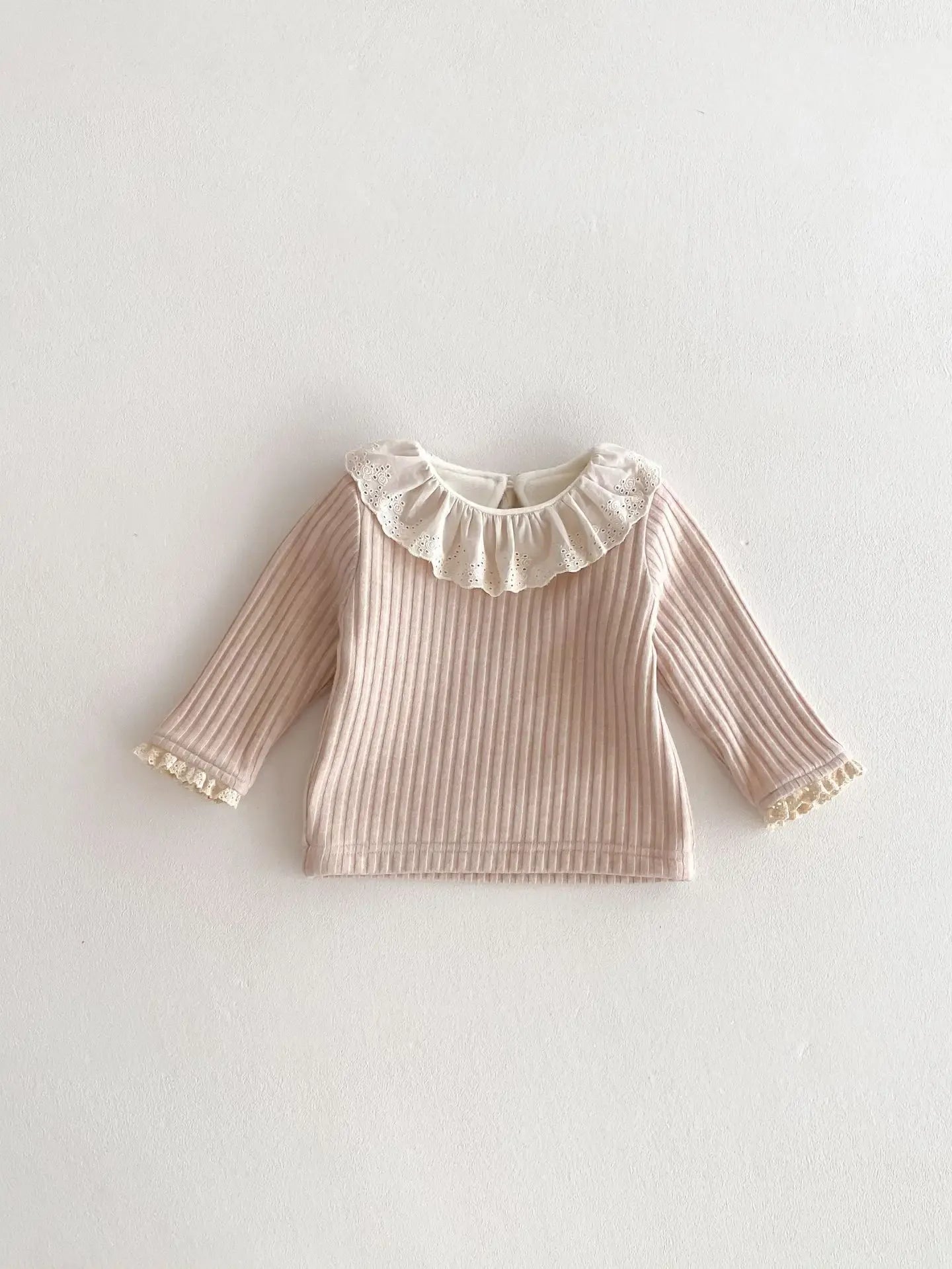 長袖Tシャツ Khaki / 6M  66CM ベビートップス ラッフルレース襟裏フリース厚手長袖Tシャツ【mh0007862】