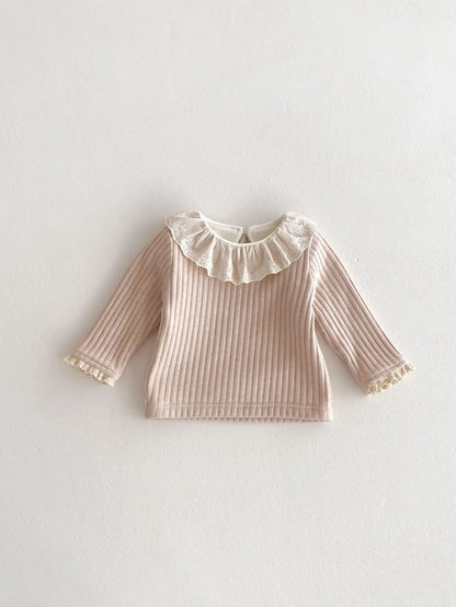 長袖Tシャツ Khaki / 6M  66CM ベビートップス ラッフルレース襟裏フリース厚手長袖Tシャツ【mh0007862】