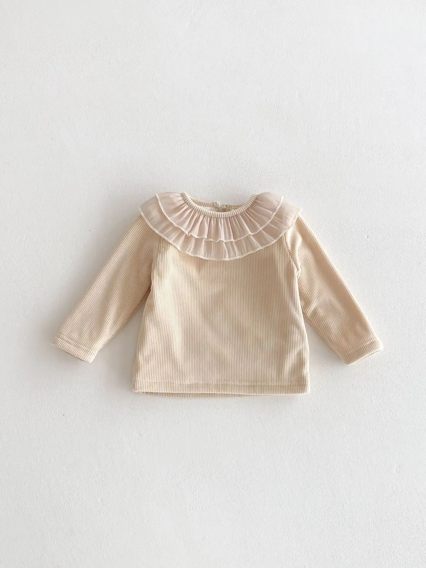 長袖Tシャツ Khaki / 6M  66CM ベビートップス ダブルラッフル襟裏フリース長袖Tシャツブラウス【mh0008206】