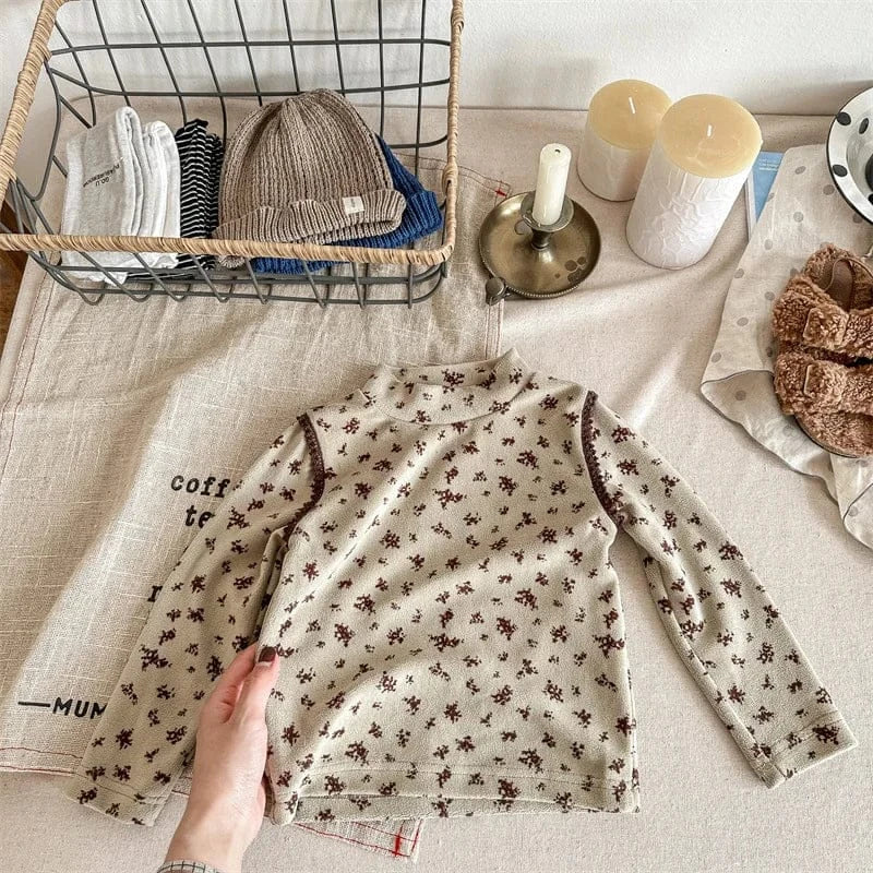 長袖Tシャツ khaki / 80cm キッズ長袖Tシャツ ハイネックカットソー フラワー 小花柄プリント 2カラー ガールズ 女の子 子供服