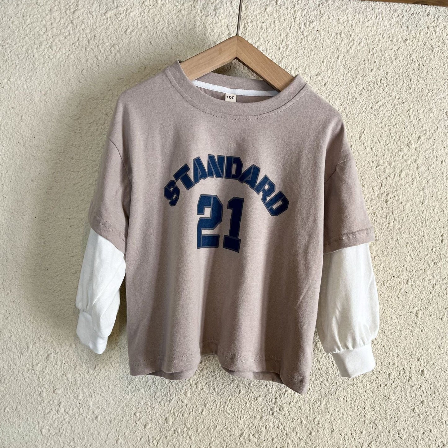 長袖Tシャツ khaki / 80cm キッズ レターロゴ プリント ドッキング フェイク 長袖 Tシャツ トップス 2カラー ユニセックス 6975
