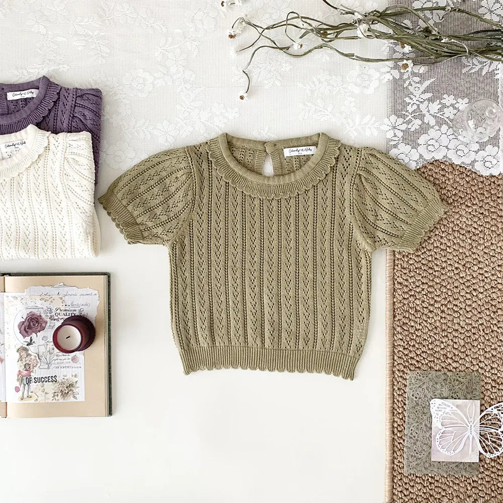 半袖Tシャツ Khaki green / 73cm ベビーキッズトップス レースニット フリル襟 半袖サマーセーター 3カラー