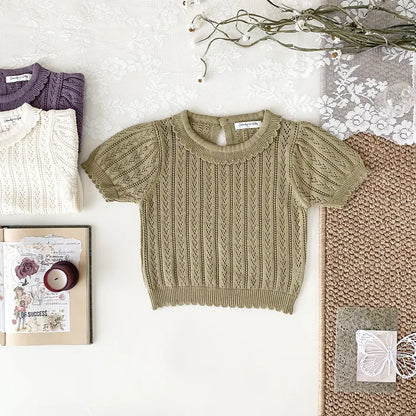 半袖Tシャツ Khaki green / 73cm ベビーキッズトップス レースニット フリル襟 半袖サマーセーター 3カラー
