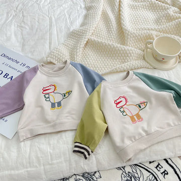 長袖Tシャツ ベビートップス 長袖スウェットシャツ 恐竜ダイナソー刺繍 カラフルパッチワーク ボーイズ 男の子 子供服【mh0003412】