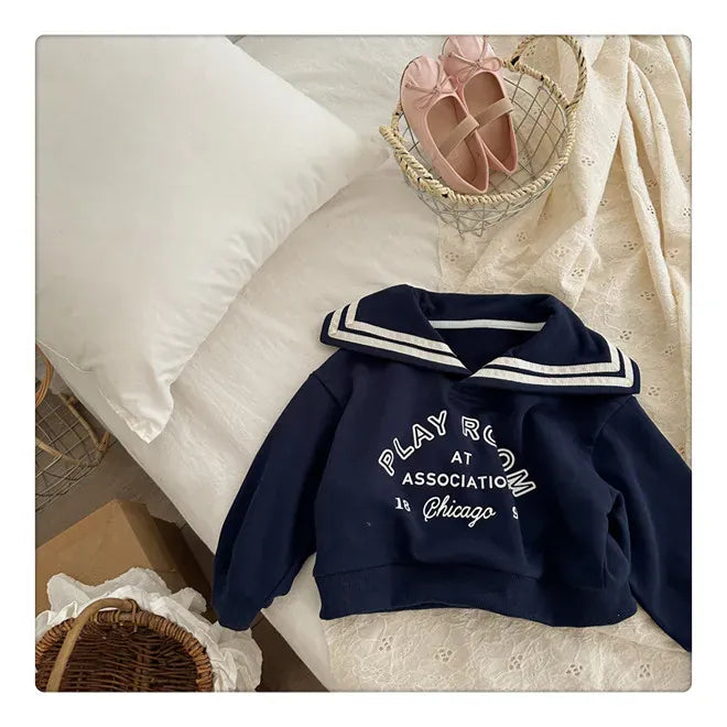 長袖Tシャツ navy blue sweatshirt / 80cm キッズトップス セーラーカラー 長袖スウェットシャツ レターロゴプリント ベージュ/ネイビー/2カラー