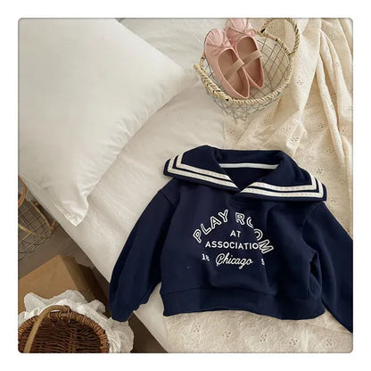 長袖Tシャツ navy blue sweatshirt / 80cm キッズトップス セーラーカラー 長袖スウェットシャツ レターロゴプリント ベージュ/ネイビー/2カラー