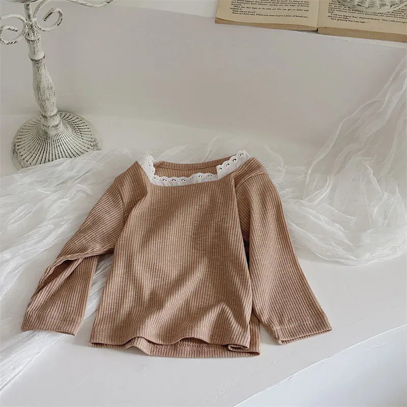 長袖Tシャツ Orange / 6M 66cm ベビートップス レーススクエアネック長袖Tシャツカットソー 2カラー【mh0006948】