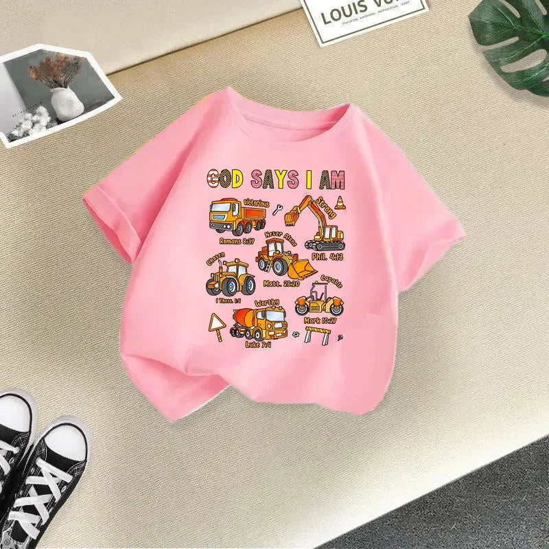 半袖Tシャツ Pink / 100cm キッズジュニアトップス 半袖プリントTシャツ 乗り物トラックショベルカー 7カラー【mh0005782】