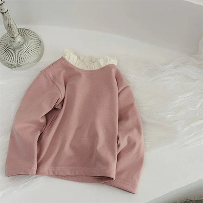 長袖Tシャツ Pink / 73cm ベビートップス レースフリルスタンドカラー裏フリース長袖Tシャツ【mh0007724】