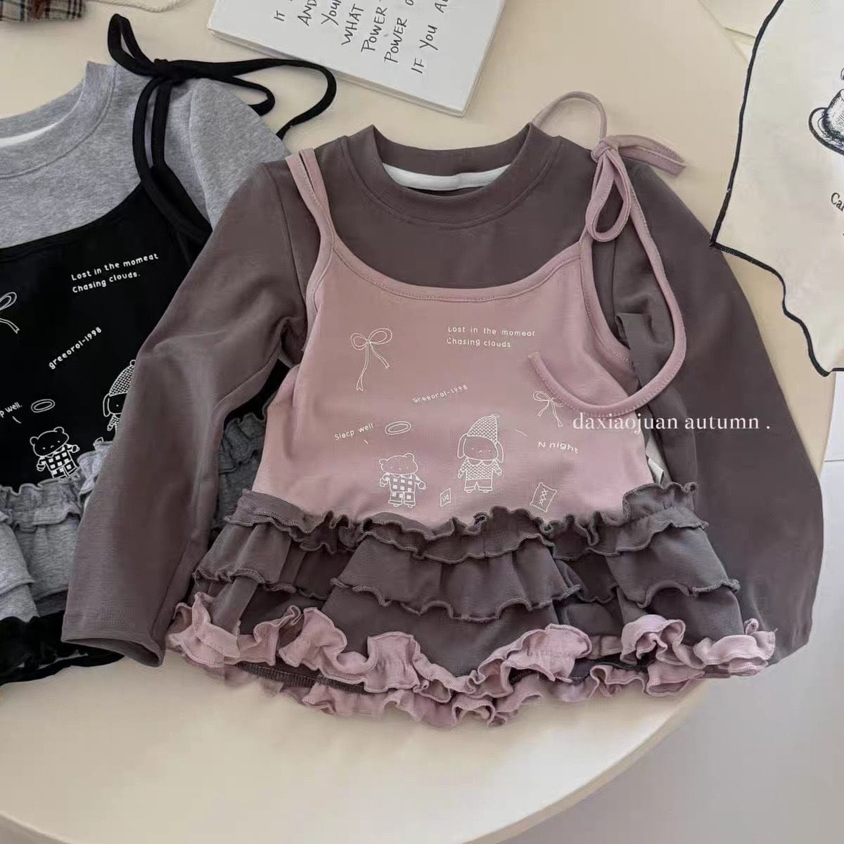 長袖Tシャツ Pink / 73cm フェイクレイヤードフリルキャミソールドッキング長袖Tシャツ【mh0011024】