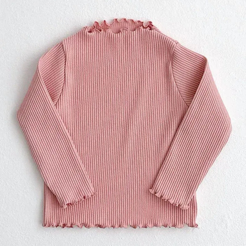 長袖Tシャツ pink / 80cm / 取り寄せ（3〜14日） ☺︎ キッズトップス フリルネック 長袖カットソー Tシャツ 無地 フラワー花柄プリント