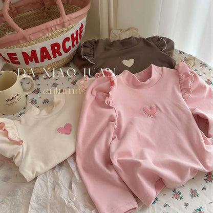 長袖Tシャツ Pink / 90cm 1-2y キッズトップス ハート刺繍ショルダーフリル長袖Tシャツ 3カラー【mh0007540】