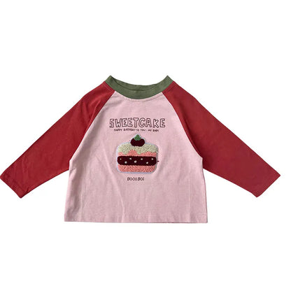 長袖Tシャツ pink / 90cm キッズトップス 長袖Tシャツ ロンT ラグランパッチワーク ポップコーンケーキバナナ刺繍 4カラー