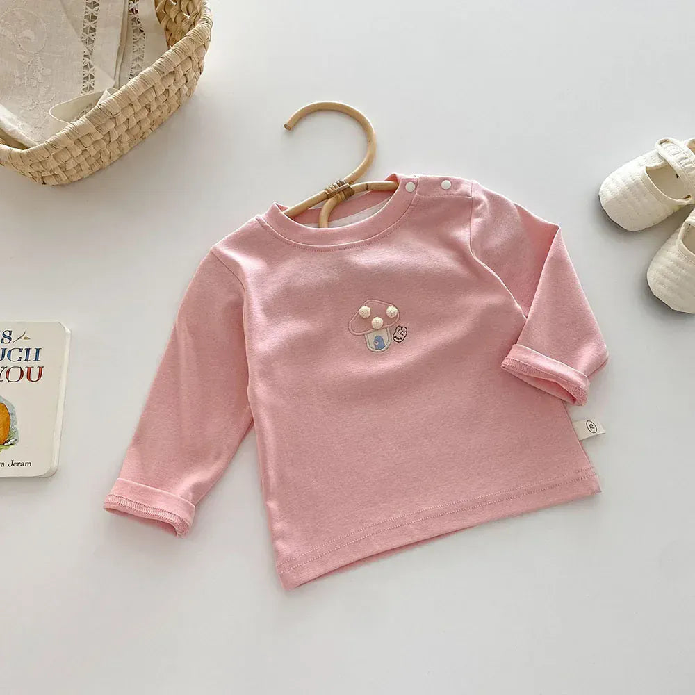 長袖Tシャツ Pink / 9M 73cm ベビーキッズトップス 長袖Tシャツ きのこマッシュルーム刺繍 2カラー【mh0006467】