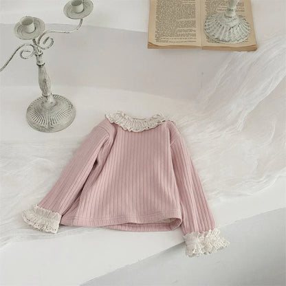 長袖Tシャツ Pink / 9M  73CM ベビートップス ネック袖レースフリル裏フリース厚手長袖カットソーTシャツ【mh0007832】