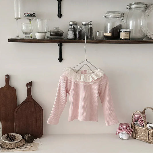 長袖Tシャツ Pink / 9M  73CM ベビートップス レースフリルダブルラッフル襟長袖リブTシャツブラウス【mh0008027】